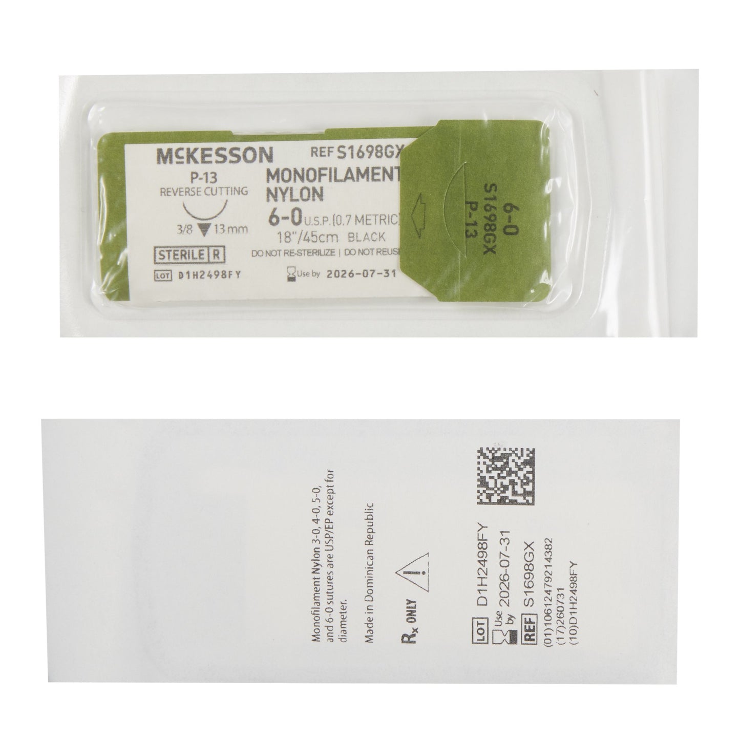 Nonabsorbable Suture with Needle McKesson Nylon P-13 3/8 Circle Precision Reverse Cutting Needle Size 6-0 Monofilament