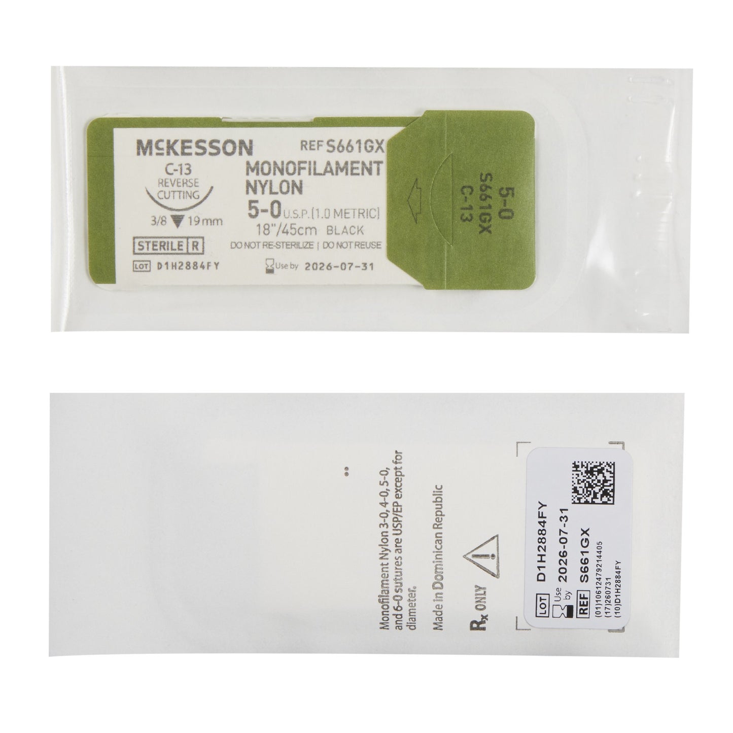 Nonabsorbable Suture with Needle McKesson Nylon C-13 3/8 Circle Reverse Cutting Needle Size 5-0 Monofilament