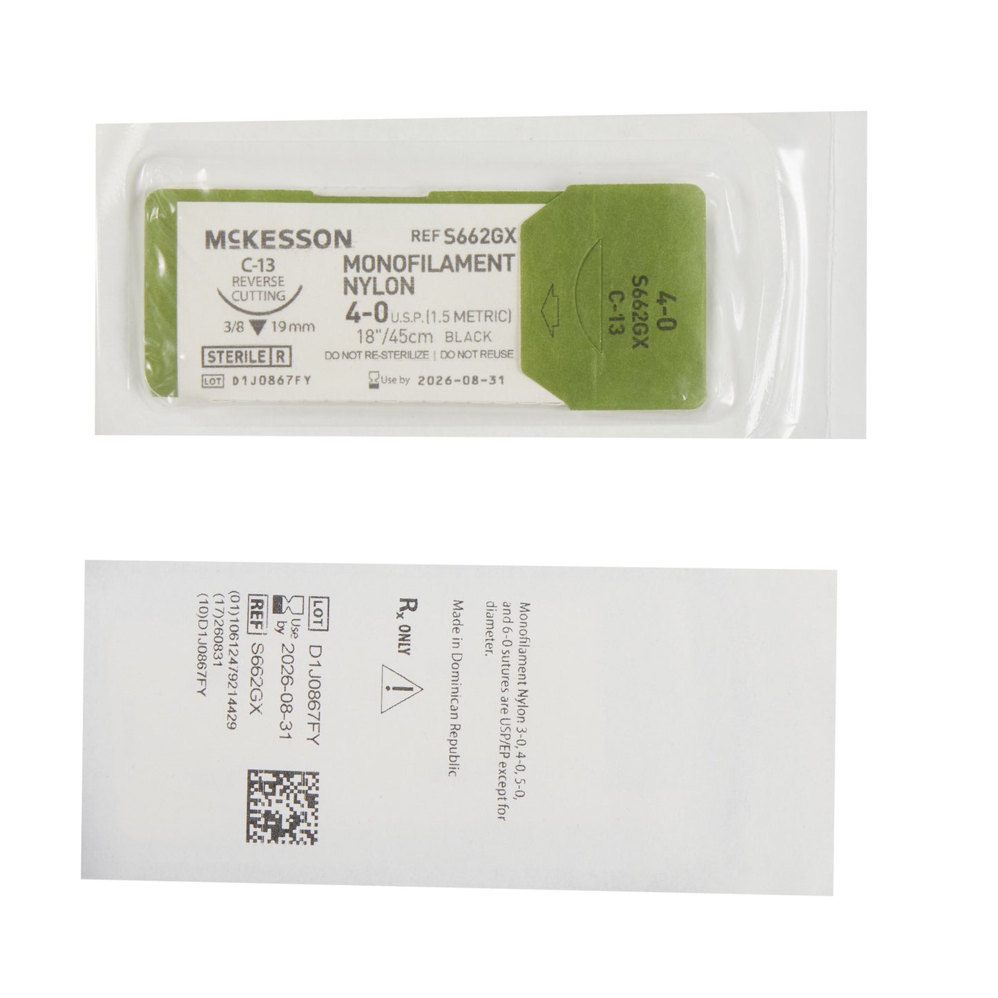 Nonabsorbable Suture with Needle McKesson Nylon C-13 3/8 Circle Reverse Cutting Needle Size 4-0 Monofilament