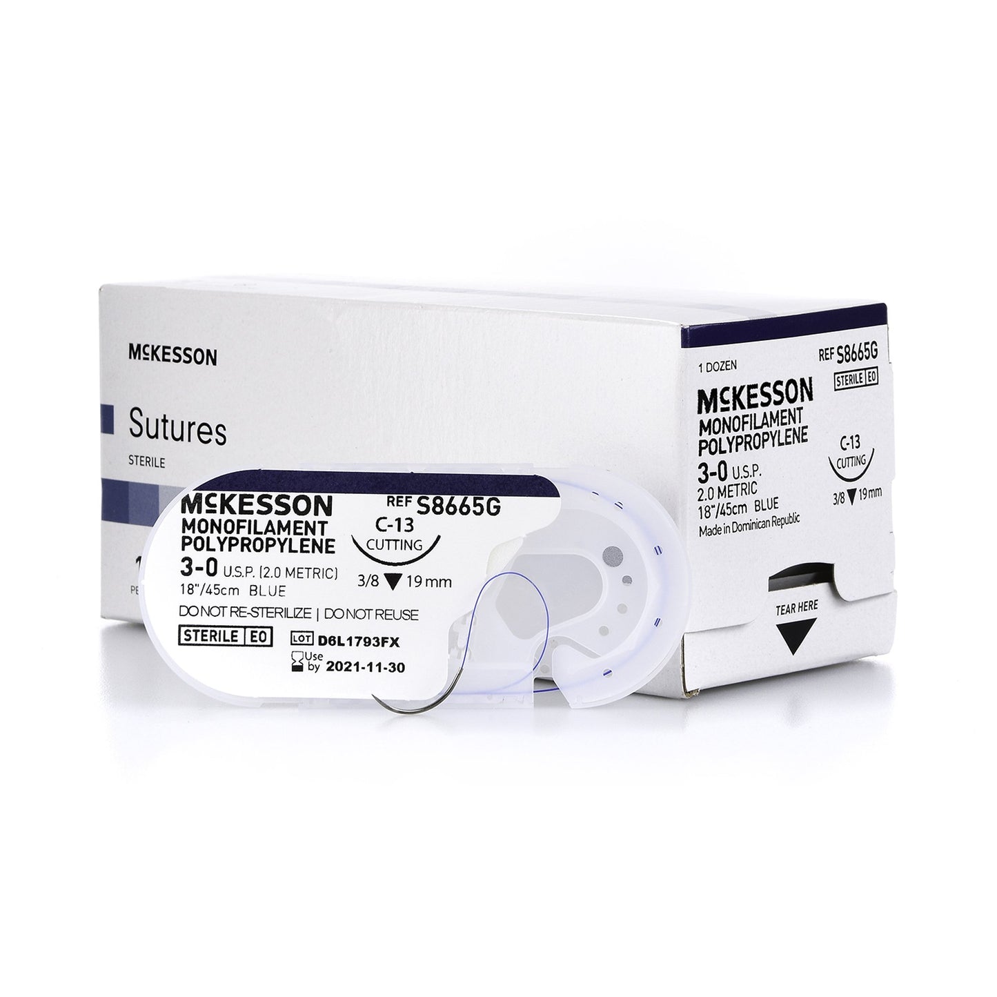 Nonabsorbable Suture with Needle McKesson Polypropylene C-13 3/8 Circle Reverse Cutting Needle Size 3-0 Monofilament