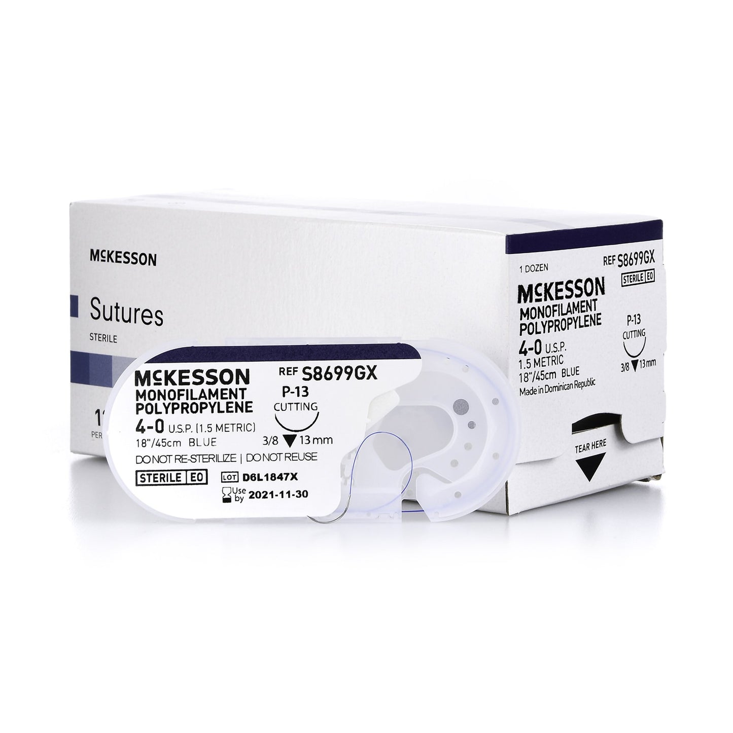 Nonabsorbable Suture with Needle McKesson Polypropylene P-13 3/8 Circle Precision Reverse Cutting Needle Size 4-0 Monofilament