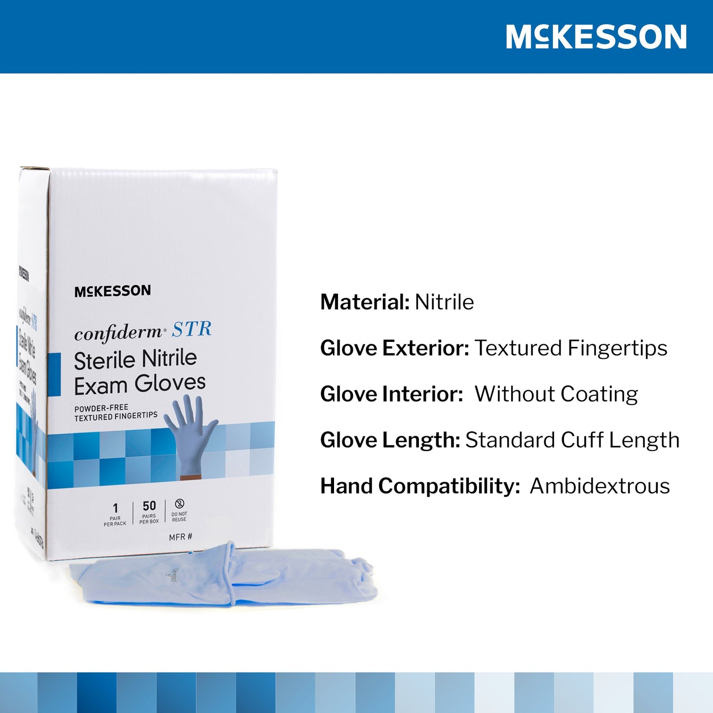 Exam Glove McKesson Confiderm® STR Large Sterile Pair Nitrile Standard Cuff Length Textured Fingertips Blue Not Rated