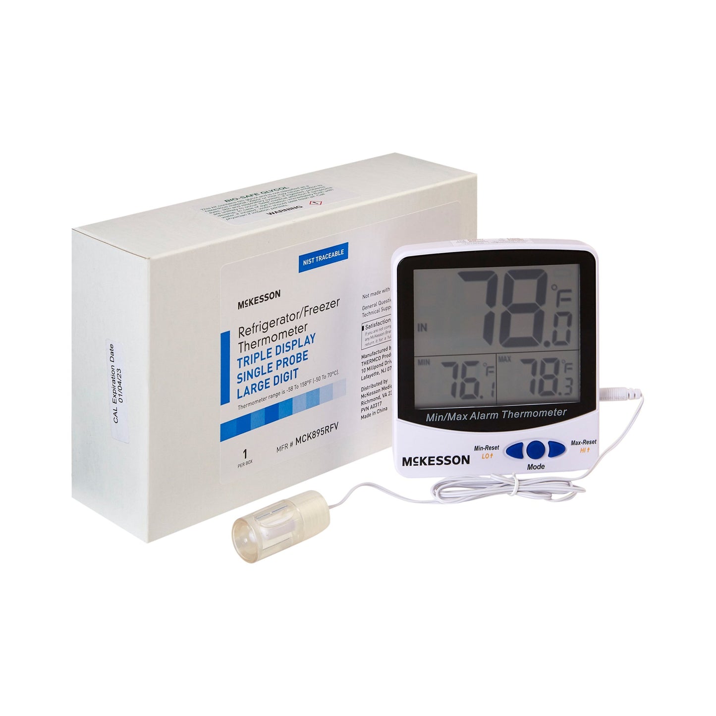 Digital Refrigerator / Freezer Thermometer with Alarm McKesson Fahrenheit / Celsius -58° to +158°F (-50° to +70°C) Glycol Bottle Probe / Internal Sensor Multiple Mounting Options Battery Operated