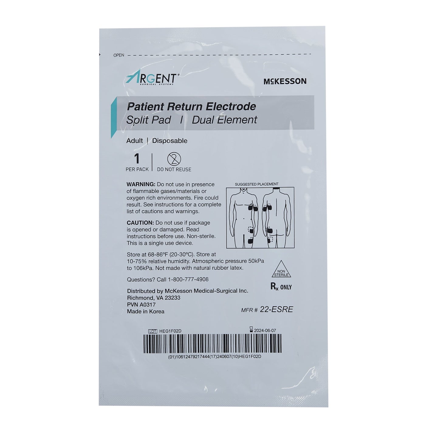 Patient Return Electrode McKesson Split Without Cord