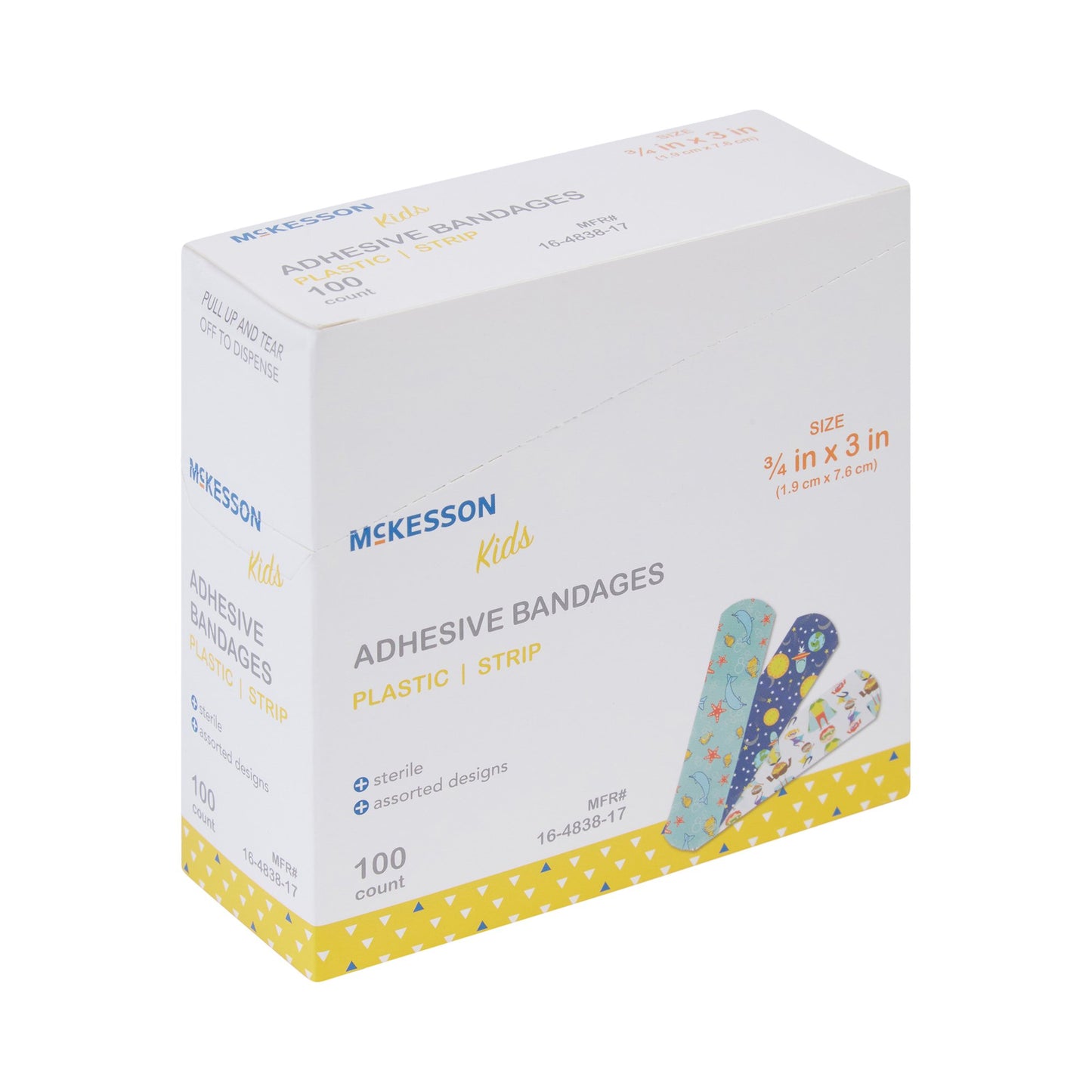 Adhesive Strip McKesson Kids™ 3/4 X 3 Inch Plastic Rectangle Kid Design (Assorted Prints) Sterile