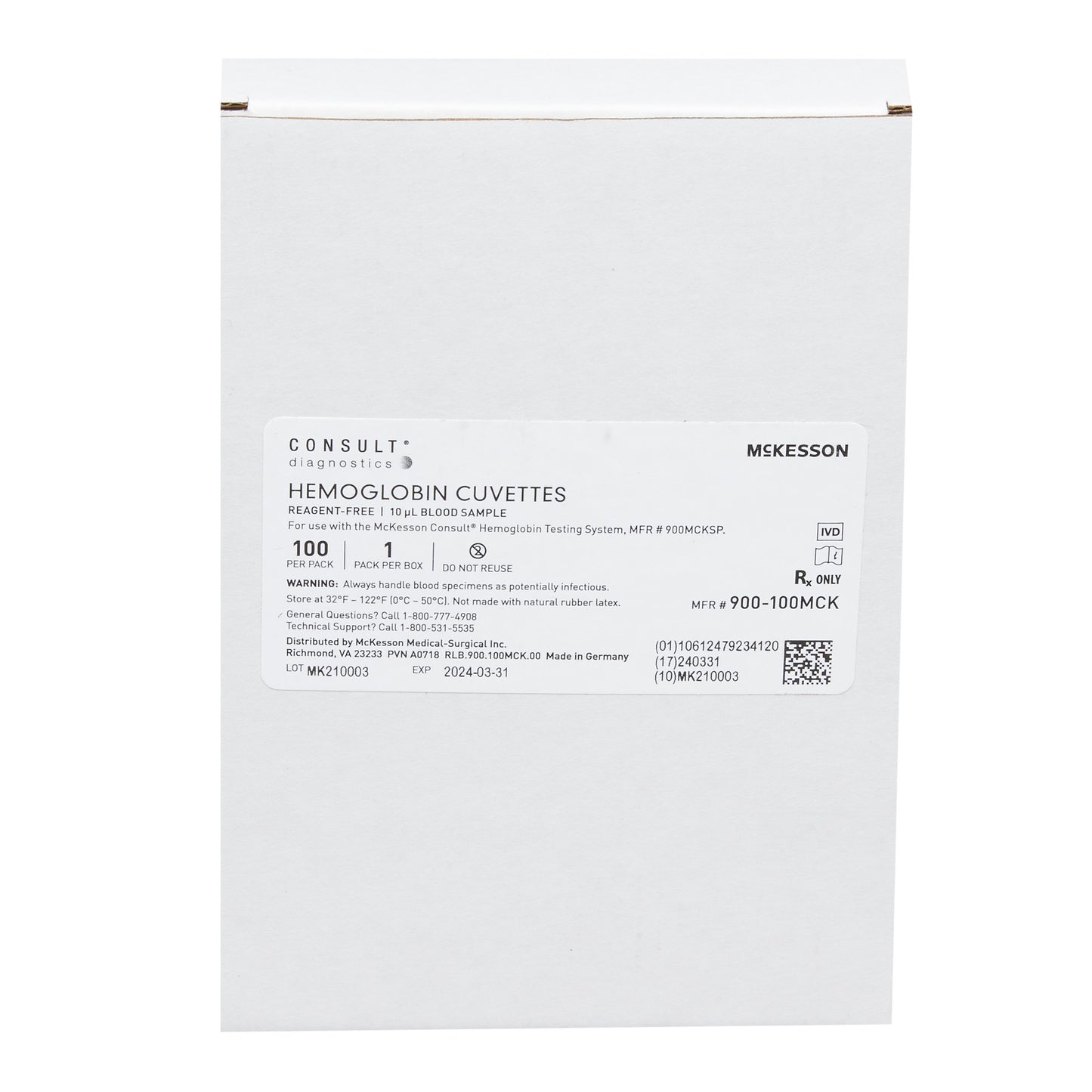 Hematology Reagent Microcuvette McKesson Consult® Hb Hemoglobin (Hb) CLIA Waived For McKesson Consult Hb Hemoglobin Testing System, MFR 900MCKSP 100 Microcuvettes per Vial