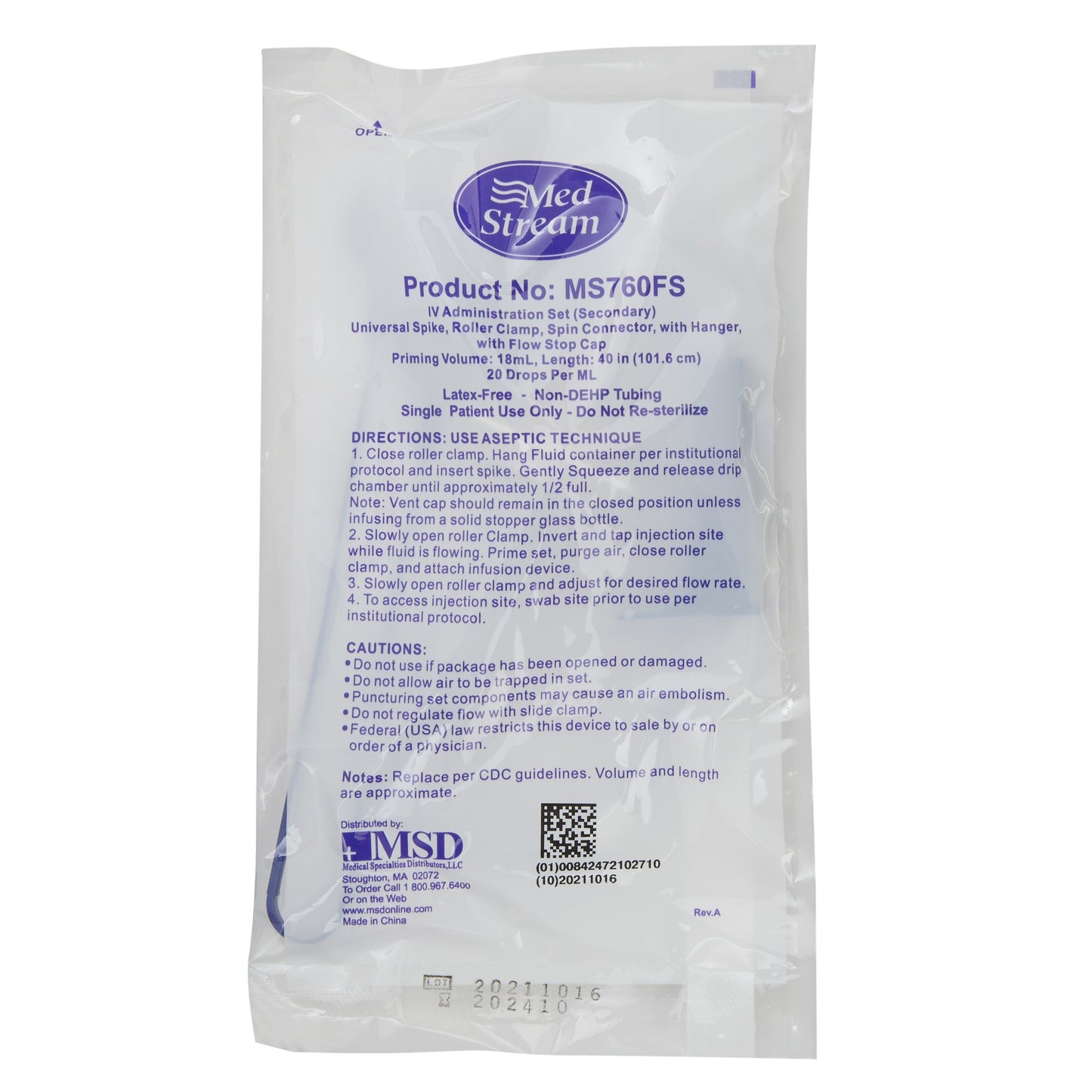 Secondary IV Administration Set MedStream Gravity Without Ports 20 Drops / mL Drip Rate Without Filter 40 Inch Tubing Solution
