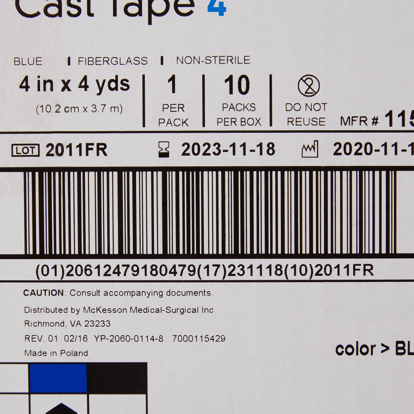 Cast Tape McKesson 4 Inch X 12 Foot Fiberglass Blue