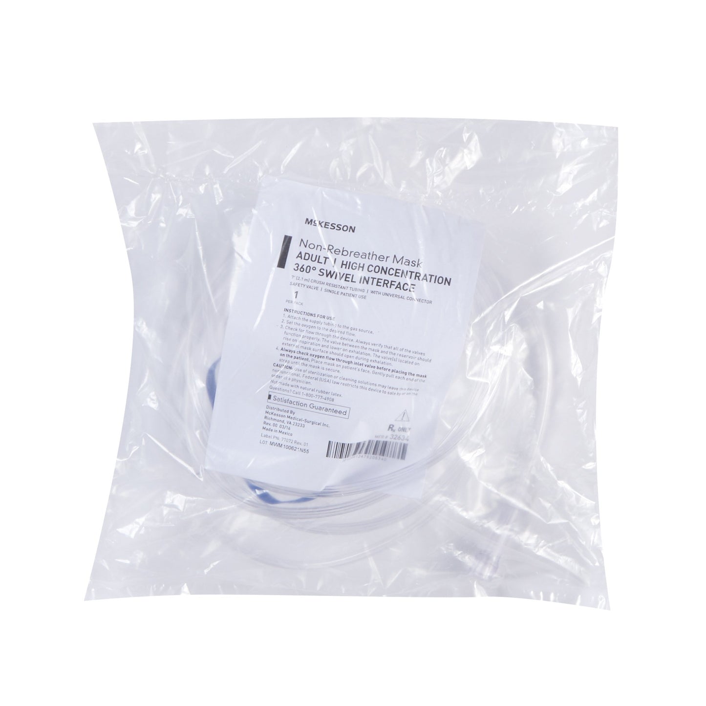 NonRebreather Oxygen Mask McKesson Elongated Style Adult One Size Fits Most Adjustable Head Strap / Nose Clip