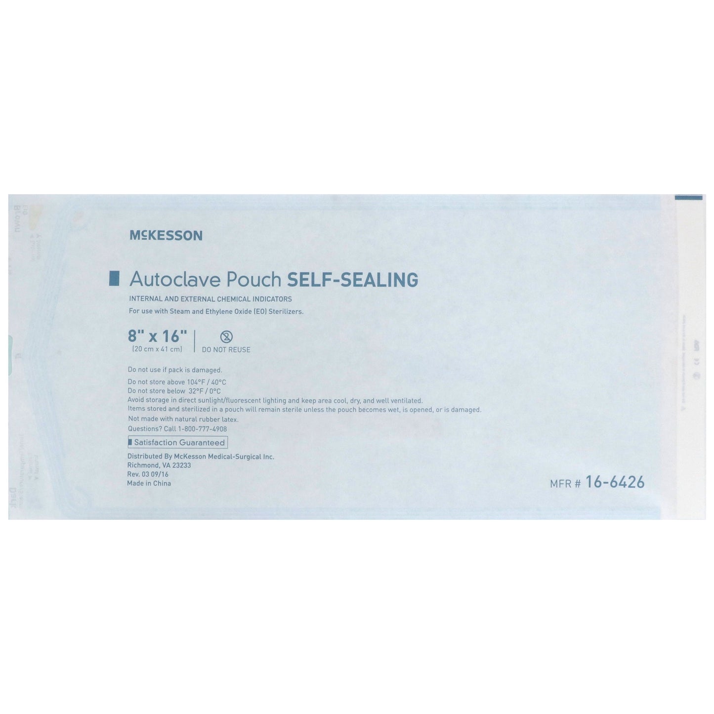 Sterilization Pouch McKesson Ethylene Oxide (EO) Gas / Steam 8 X 16 Inch Transparent Blue / White Self Seal Paper / Film