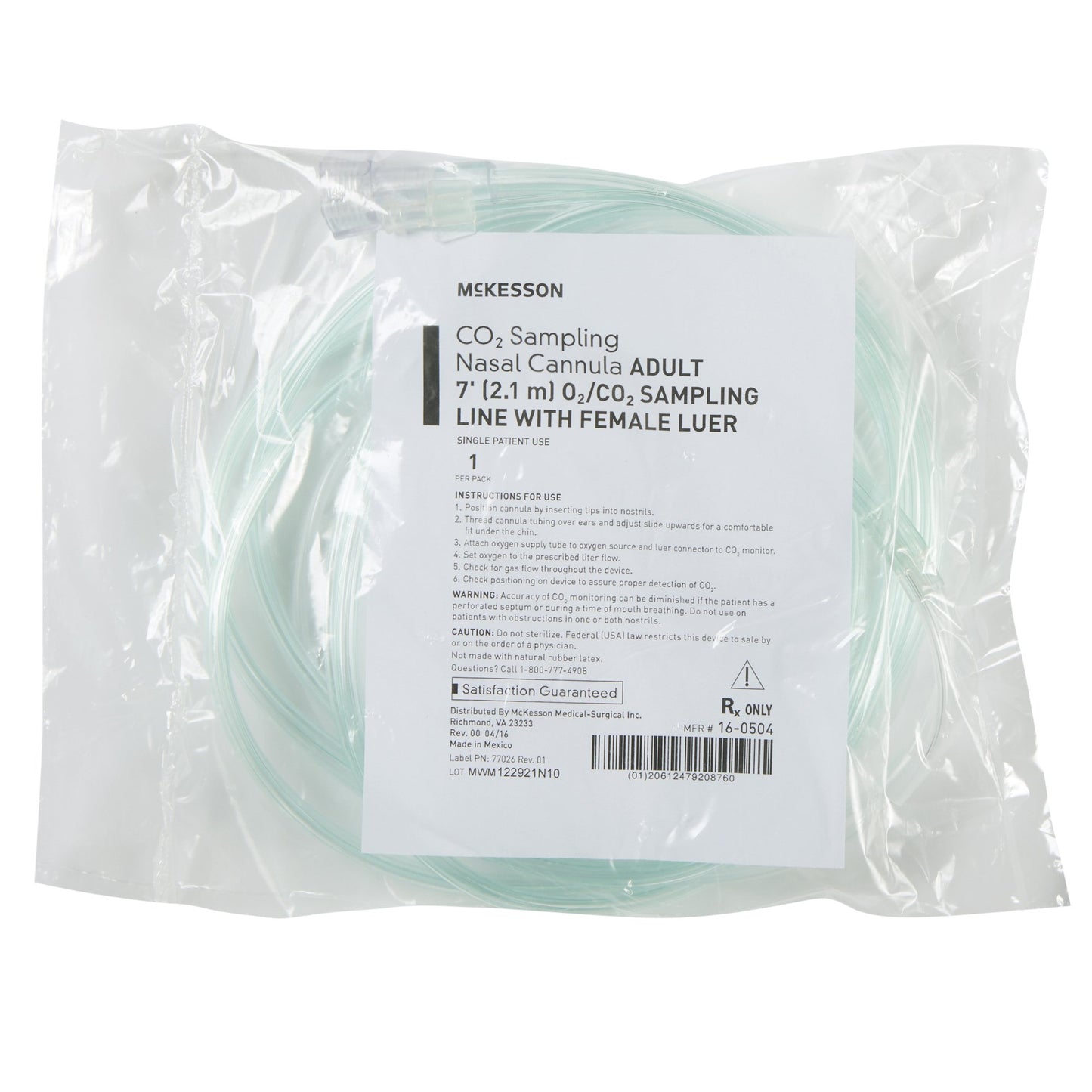 ETCO2 Nasal Sampling Cannula with O2 Delivery McKesson Adult Curved Prong / NonFlared Tip 7 Foot O2 Line