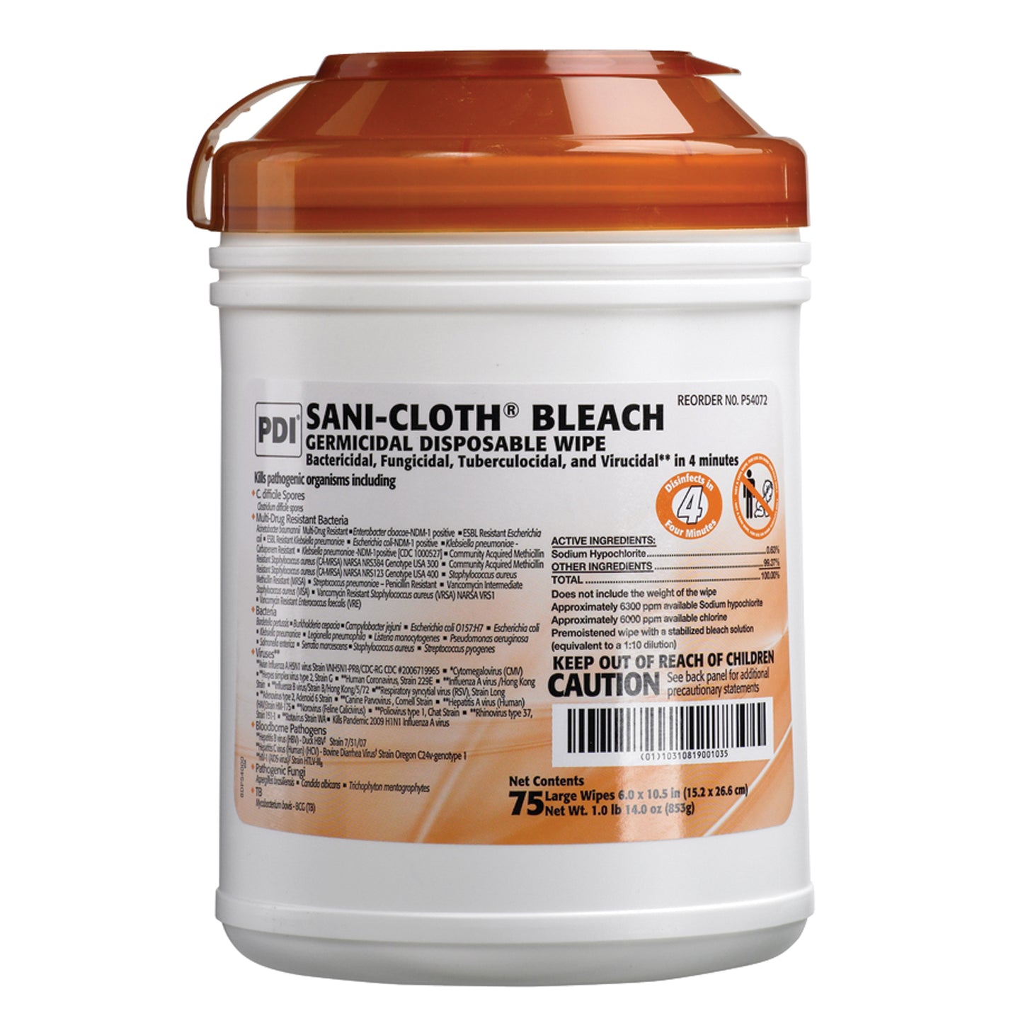 Pdi Sani-Cloth® Bleach Germicidal Disposable Wipe, PDI P54072