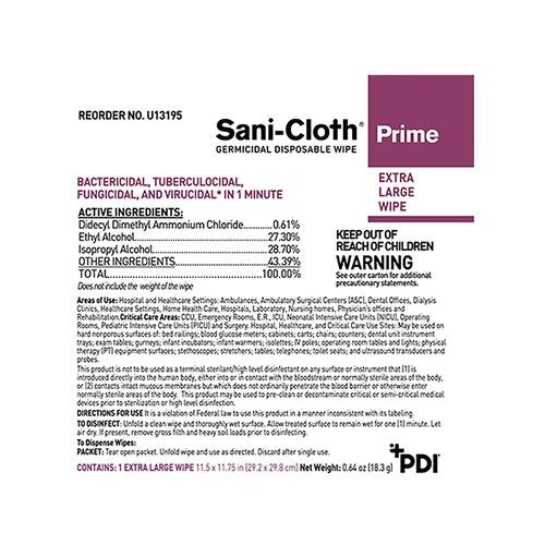 PDI Sani-Cloth® Prime Surface Disinfectant Cleaner Germicidal Wipe Individual Packet, 50/BX, 36BX/CS