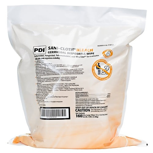 PDI Sani-Cloth Bleach Surface Disinfectant Cleaner Refill Premoistened Germicidal Wipe 160 Count Bag Disposable Chlorine Scent NonSterile, 160/PK, 2 EA/CS