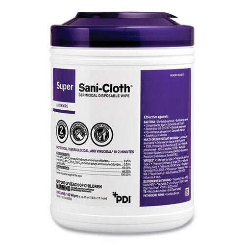 PDI Super Sani-Cloth Germicidal Disposable Wipes, Extra-Large, 1-Ply, 7.5" x 15", Unscented, White, 75/Pack
