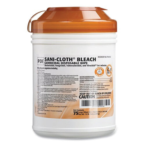 PDI Sani-Cloth Bleach Germicidal Disposable Wipes, Deep-Well Lid Canister, 10.5 x 6, 75/Canister