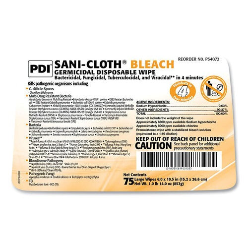 PDI Sani-Cloth Bleach Germicidal Disposable Wipes, Deep-Well Lid Canister, 10.5 x 6, 75/Canister
