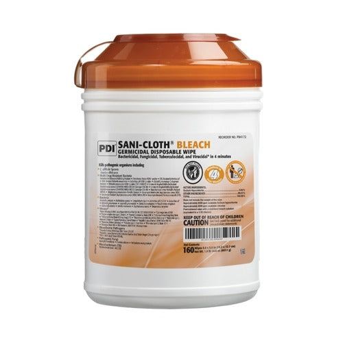 PDI Sani-Cloth Bleach Surface Disinfectant Cleaner Premoistened Germicidal Manual Pull Wipe 160 Count Canister Bleach Scent NonSterile, 160/CN, 1920/CS