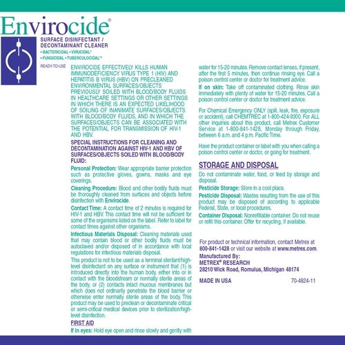 Metrex Research Envirocide Surface Disinfectant Cleaner Alcohol Based Pump Spray Liquid 24 oz. Bottle Alcohol Scent NonSterile, 1/BT,12/CS