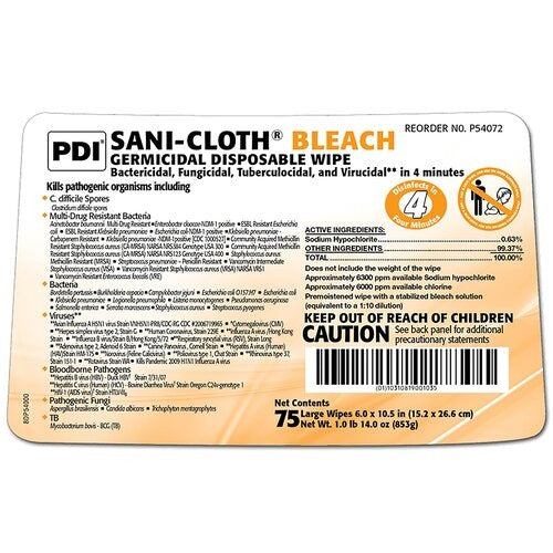 PDI Sani-Cloth® Bleach Germicidal Disposable Wipes, Large Canister (75 Wipes), 12/CS