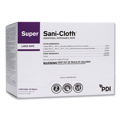 Sani Professional Super Sani-Cloth Individually Wrapped Germicidal Disposable Wipes, Large, 1-Ply, 5 x 8, Unscented, White, 50/Pack