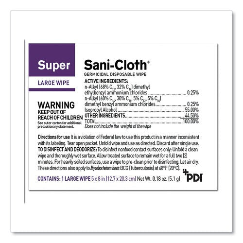 Sani Professional Super Sani-Cloth Individually Wrapped Germicidal Disposable Wipes, Large, 1-Ply, 5 x 8, Unscented, White, 50/Pack