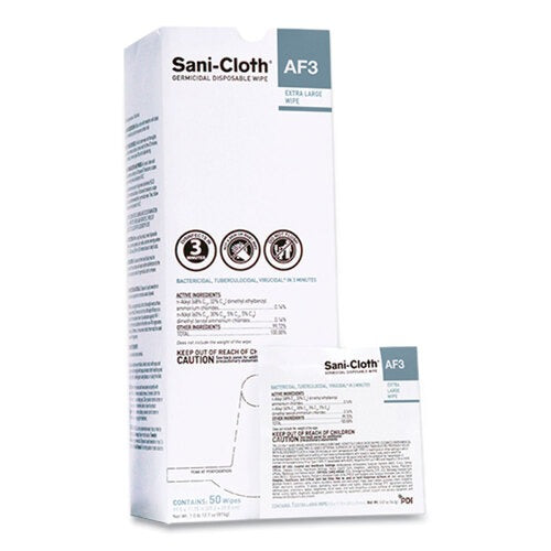 PDI Sani-Cloth AF3 Individually Wrapped Germicidal Disposable Wipes, X-Large, 1-Ply, 11.75" x 11.5", Unscented, White, 50/Box