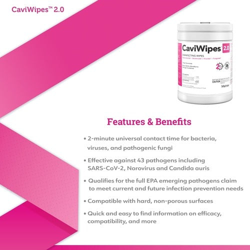 Metrex Research CaviWipes 2.0 Surface Disinfectant Premoistened Manual Pull Wipe 65 Count Canister Alcohol Scent NonSterile, 1/EA