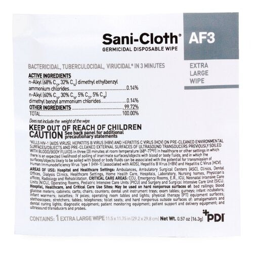 PDI Sani-Cloth AF3 Surface Disinfectant Cleaner Premoistened Germicidal Manual Pull Wipe 50 Count Individual Packet Mild Scent NonSterile, 50/BX, 150/CS