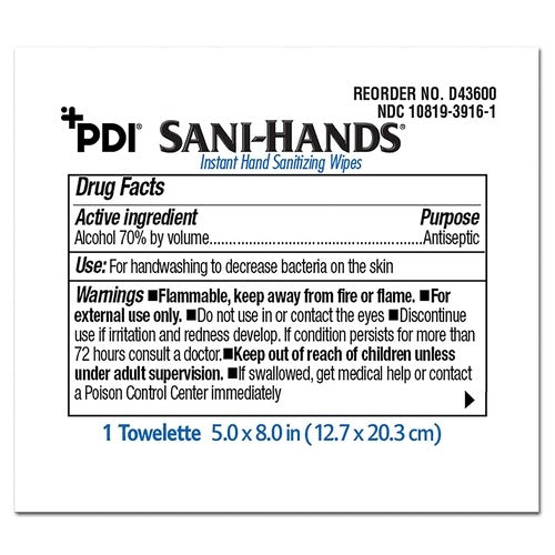 PDI Sani-Hands® Hand Sanitizing Wipes, 100 Count, Ethyl Alcohol, Wipe, Individual Packet, 100/BX, 1000/CS