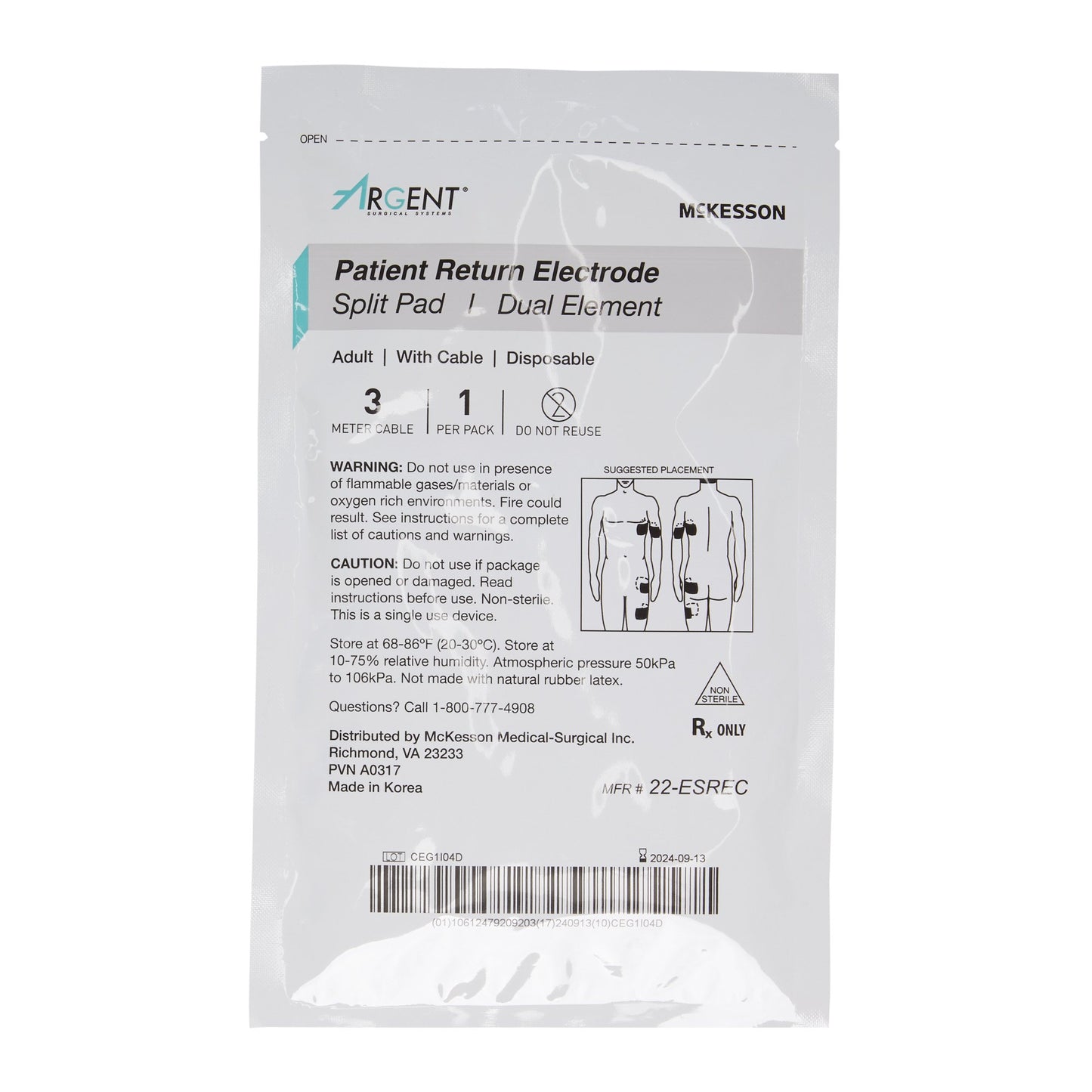 Patient Return Electrode McKesson Argent™ Split Corded