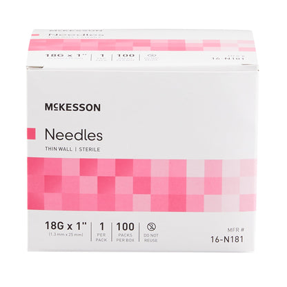 Hypodermic Needle McKesson 1 Inch Length 18 Gauge Thin Wall Without Safety