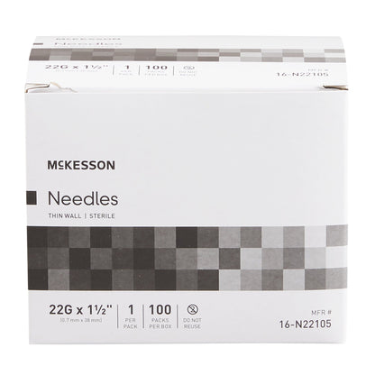 Hypodermic Needle McKesson 1-1/2 Inch Length 22 Gauge Thin Wall Without Safety