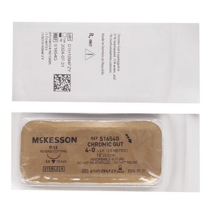 Absorbable Suture with Needle McKesson Chromic Gut P-13 3/8 Circle Precision Reverse Cutting Needle Size 4-0