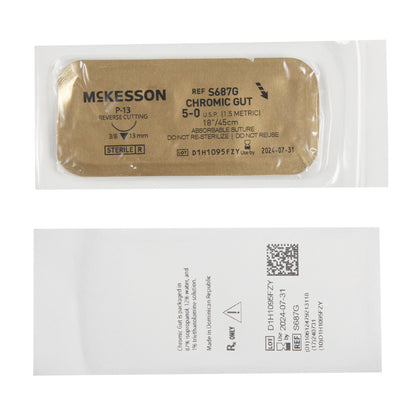 Absorbable Suture with Needle McKesson Chromic Gut P-13 3/8 Circle Precision Reverse Cutting Needle Size 5-0
