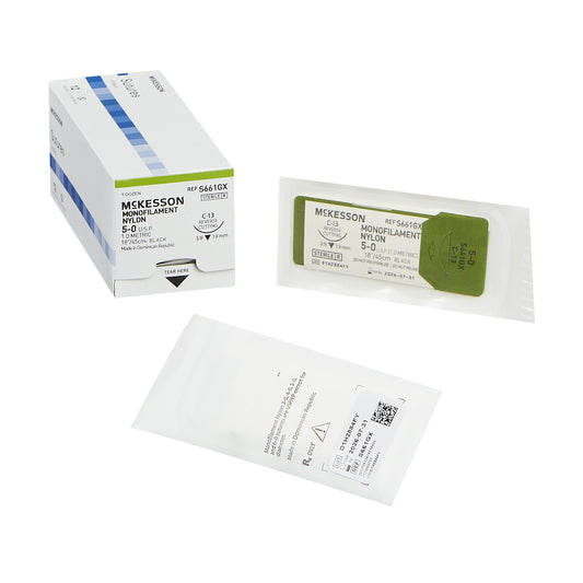 Nonabsorbable Suture with Needle McKesson Nylon C-13 3/8 Circle Reverse Cutting Needle Size 5-0 Monofilament