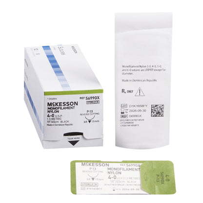 Nonabsorbable Suture with Needle McKesson Nylon P-13 3/8 Circle Precision Reverse Cutting Needle Size 4-0 Monofilament