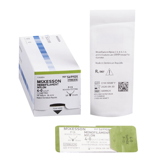 Nonabsorbable Suture with Needle McKesson Nylon P-13 3/8 Circle Precision Reverse Cutting Needle Size 4-0 Monofilament