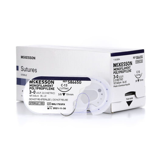 Nonabsorbable Suture with Needle McKesson Polypropylene C-13 3/8 Circle Reverse Cutting Needle Size 3-0 Monofilament