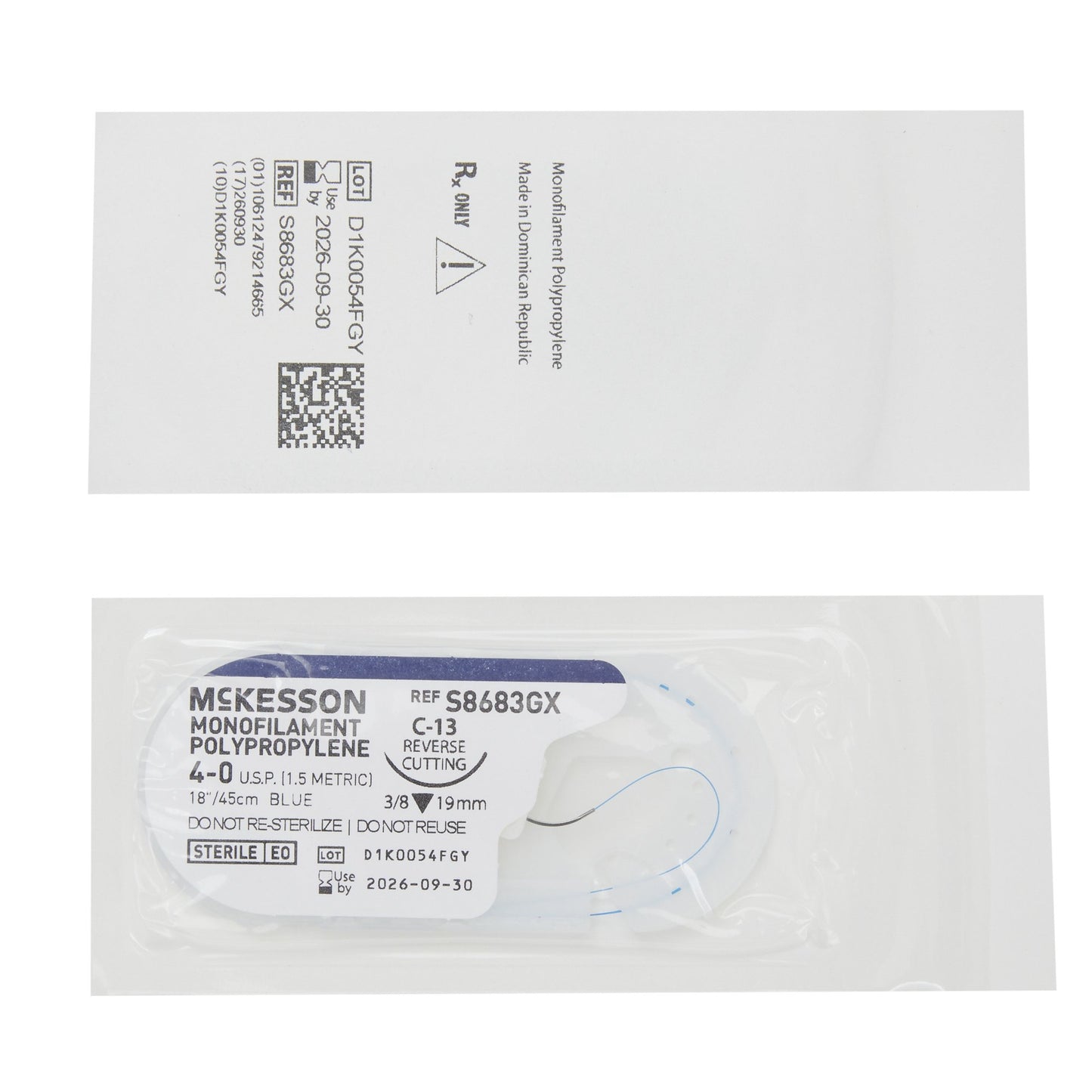 Nonabsorbable Suture with Needle McKesson Polypropylene C-13 3/8 Circle Reverse Cutting Needle Size 4-0 Monofilament