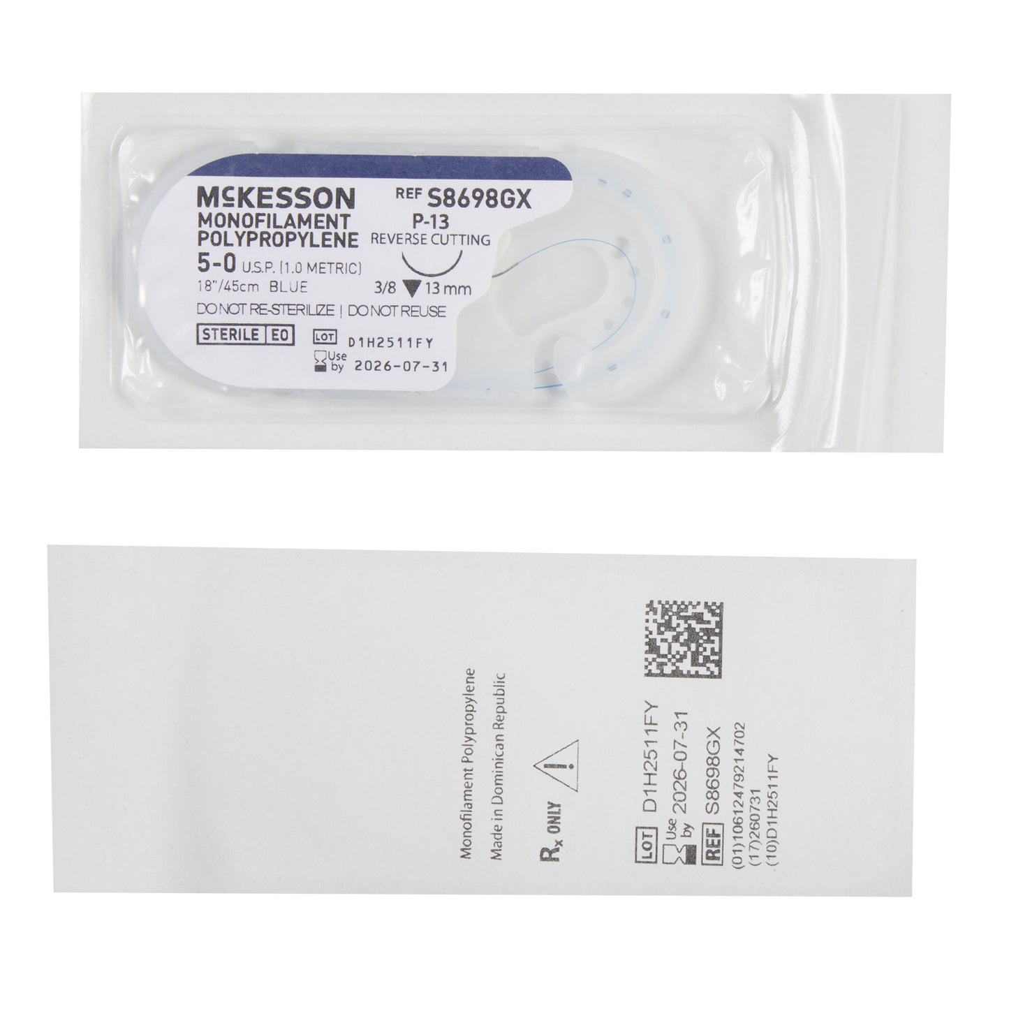 Nonabsorbable Suture with Needle McKesson Polypropylene P-13 3/8 Circle Precision Reverse Cutting Needle Size 5-0 Monofilament