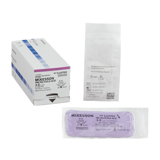Absorbable Suture with Needle McKesson Polyglycolic Acid P-12 3/8 Circle Precision Reverse Cutting Needle Size 3-0 Braided