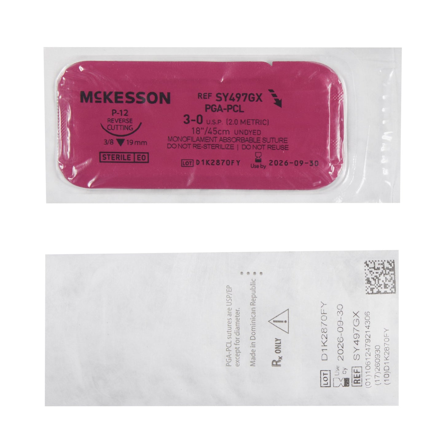 Absorbable Suture with Needle McKesson Polyglycolic Acid / PCL P-12 3/8 Circle Precision Reverse Cutting Needle Size 3-0 Monofilament