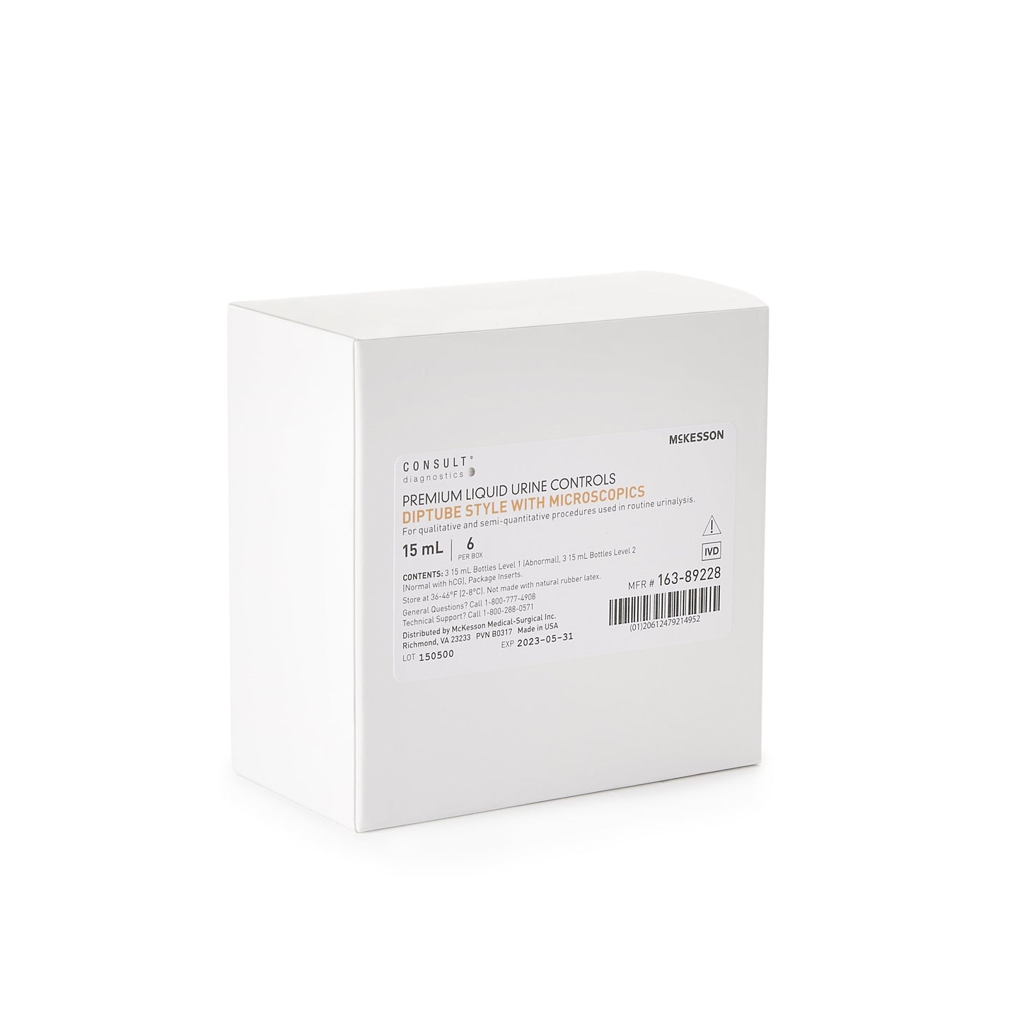Urine Chemistry Control Set McKesson Consult™ Microscopic Testing Positive Level / Negative Level 3 Level 1 (Abnormal) 15 mL Tubes, 3 Level 2 (Normal with hCG) 15 mL Tubes