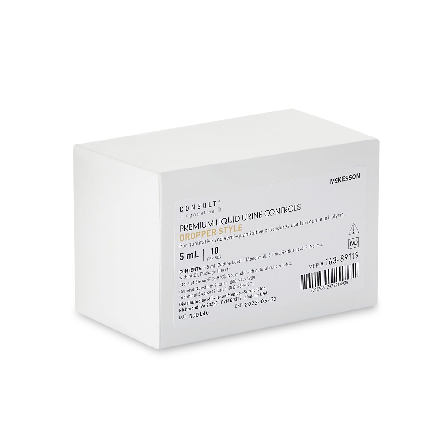 Urine Chemistry Control Set McKesson Consult™ Analyte Testing Positive Level / Negative Level 5 Level 1 (Abnormal) 5 mL Bottles, 5 Level 2 (Normal with hCG) 5 mL Bottles