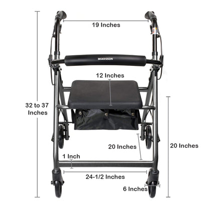 4 Wheel Rollator McKesson Silver Adjustable Height / Folding Aluminum Frame