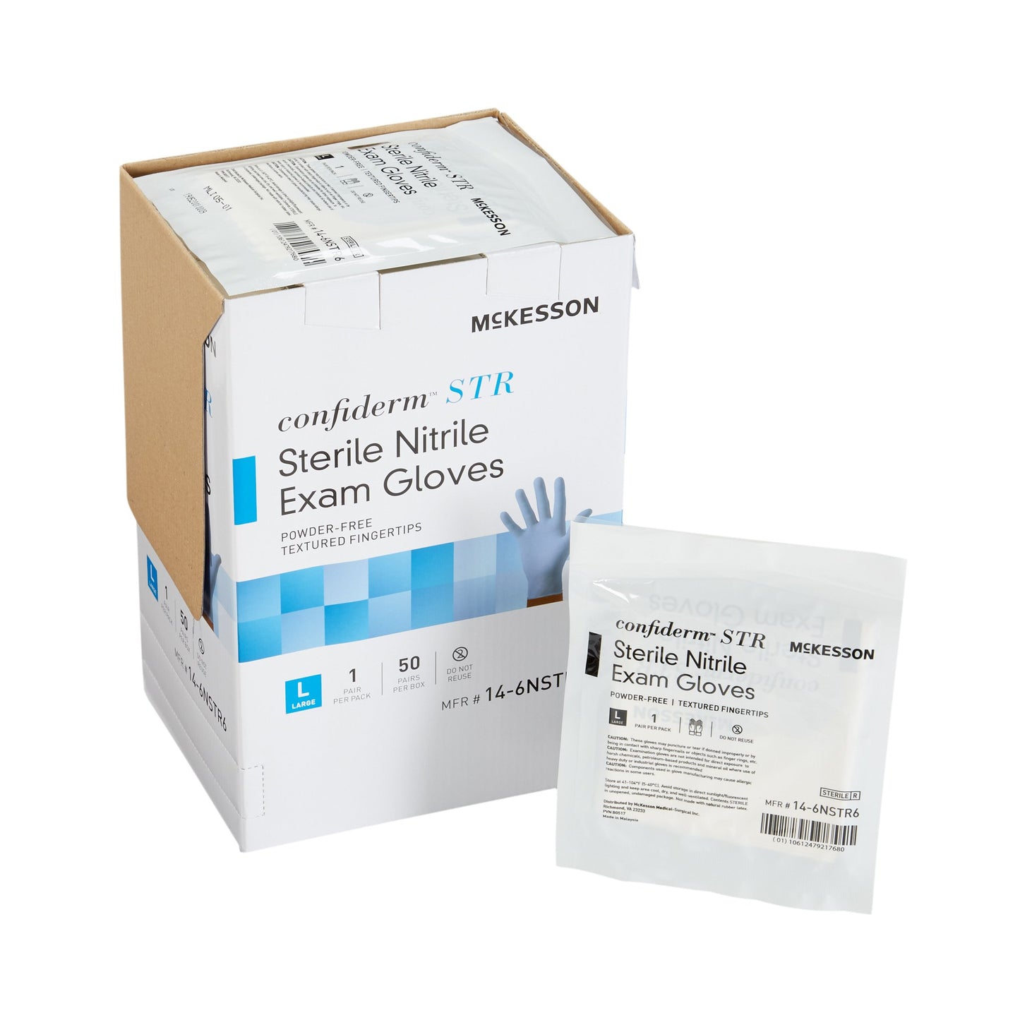 Exam Glove McKesson Confiderm® STR Large Sterile Pair Nitrile Standard Cuff Length Textured Fingertips Blue Not Rated