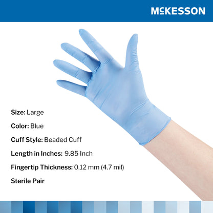 Exam Glove McKesson Confiderm® STR Large Sterile Pair Nitrile Standard Cuff Length Textured Fingertips Blue Not Rated