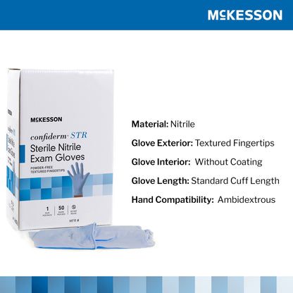 Exam Glove McKesson Confiderm® STR Large Sterile Pair Nitrile Standard Cuff Length Textured Fingertips Blue Not Rated