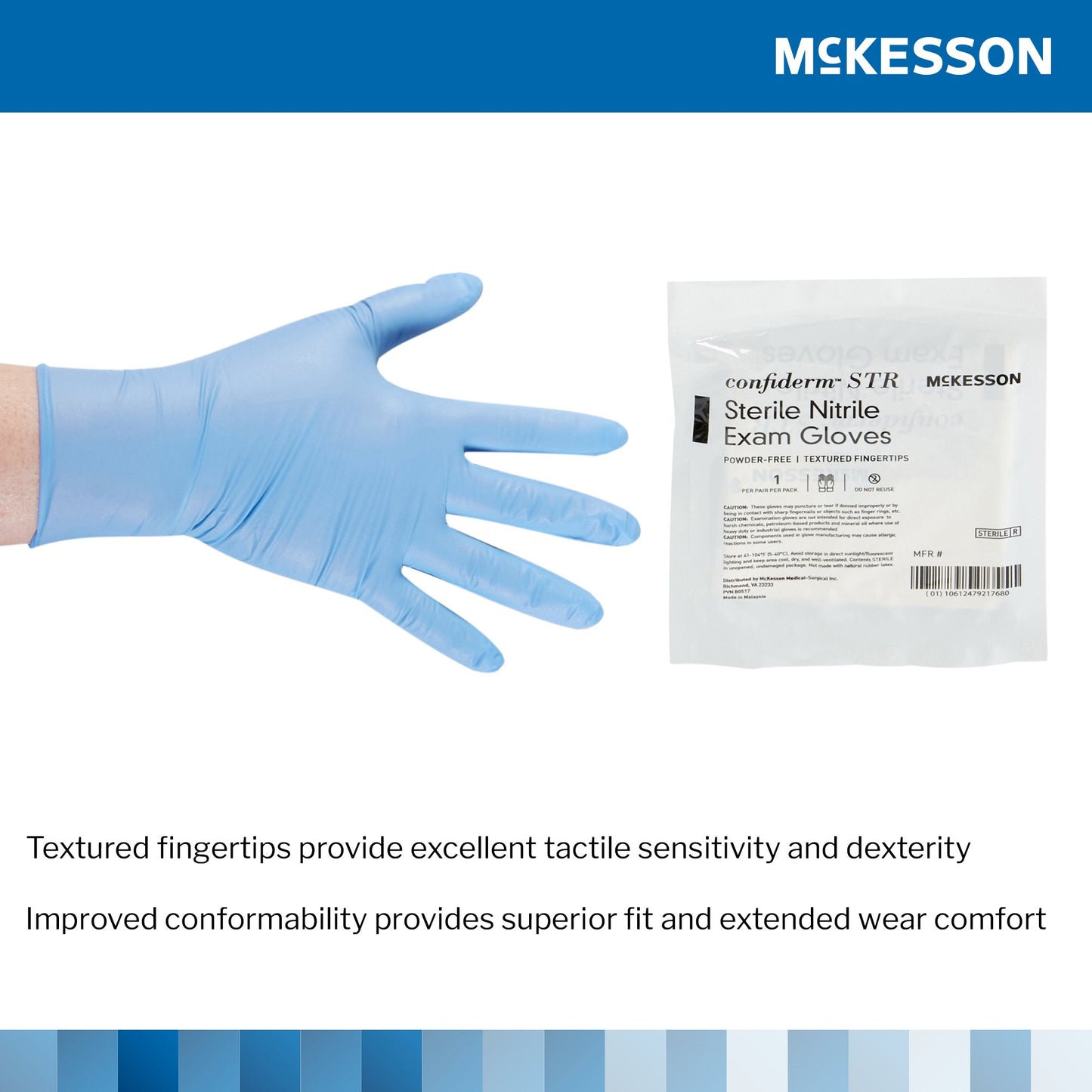 Exam Glove McKesson Confiderm® STR Large Sterile Pair Nitrile Standard Cuff Length Textured Fingertips Blue Not Rated